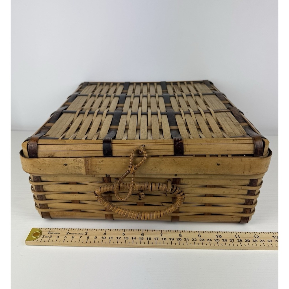 Vintage Woven Picnic Basket Made In Occupied Japan Lid Hinged Decor 40's-‎ 50's